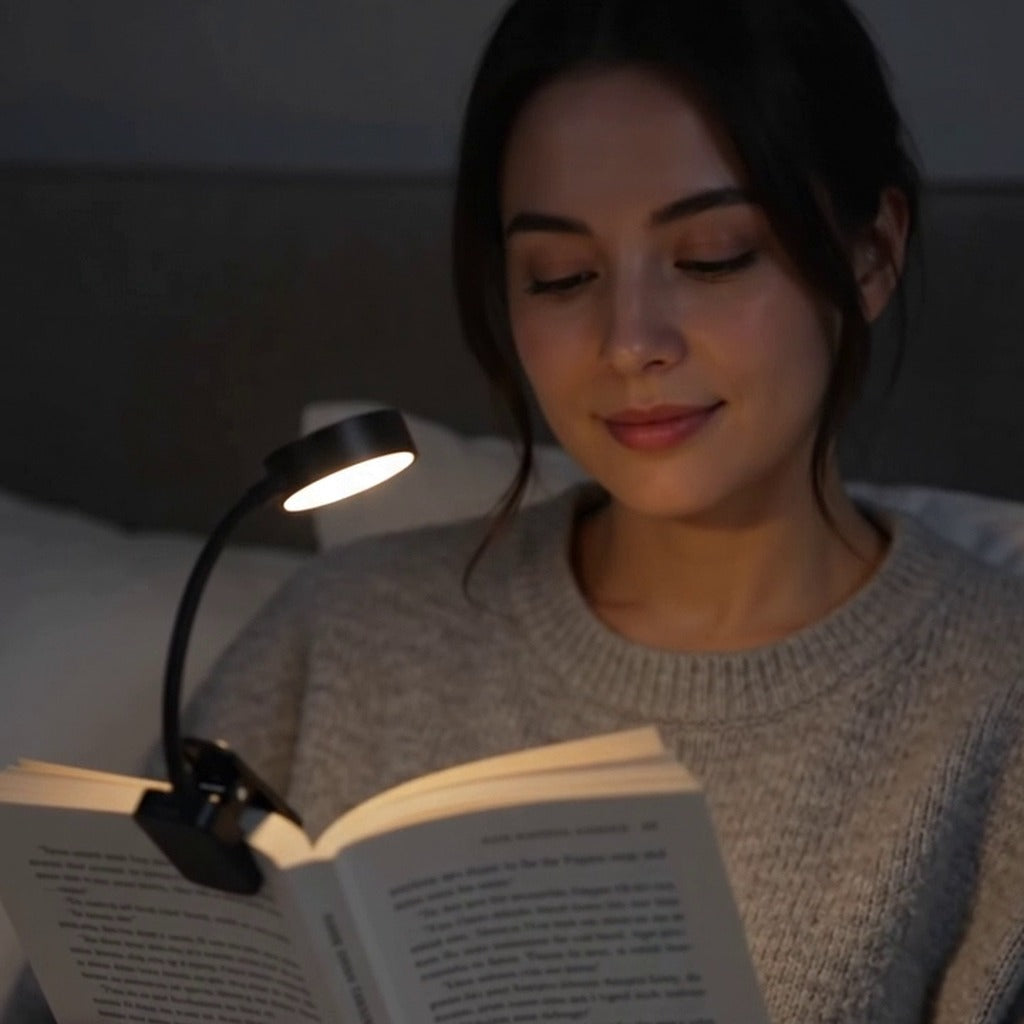 Lampe de lecture clipsée sur un livre, lumière chaude ambrée dans une chambre la nuit
